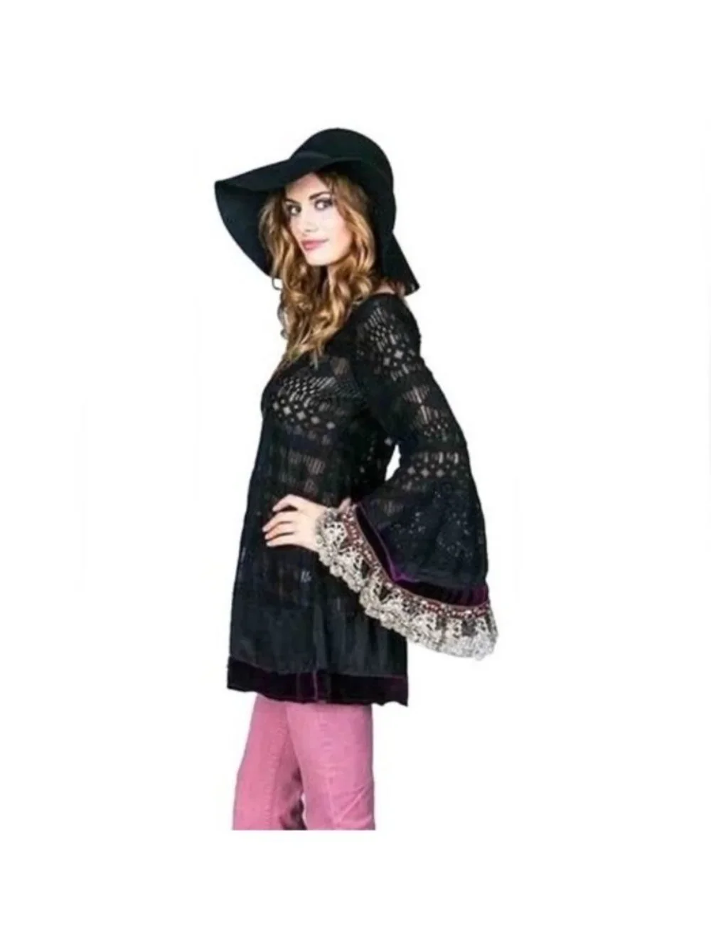 RARE Free People Black Lace Velvet Bell Sleeve Mini Dress Tunic| Whimsigoth Boho - Picture 4 of 16